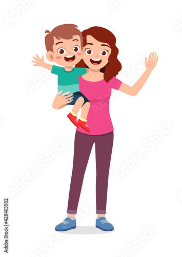 young good looking mother carry cute kid