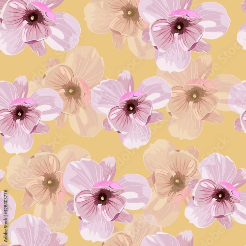 Seamless floral pattern with pink tropical magnolia flowers on yellow background. Template design for textiles, interior, clothes, wallpaper. Botanical art. Engraving style
