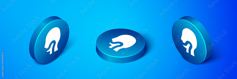 Isometric Sore throat icon isolated on blue background. Pain in throat. Flu, grippe, influenza, angina. Healthcare and medical. Blue circle button. Vector