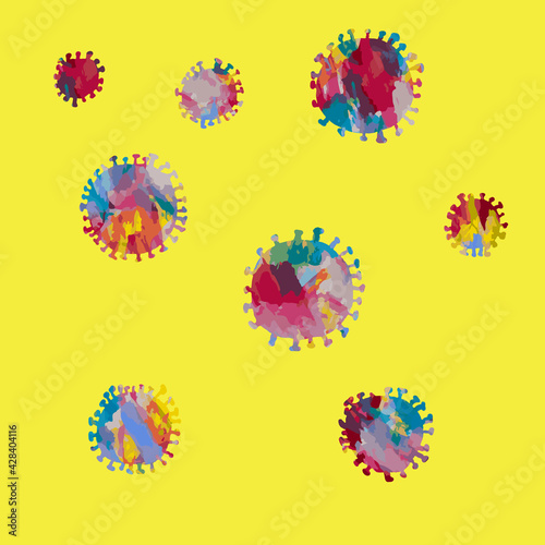 コロナウイルスのカラフルな手描き風イラストレーション
colorful illustration of corona virus, hand drawn, multicolor.