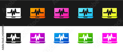 Set Laptop with cardiogram icon isolated on black and white background. Monitoring icon. ECG monitor with heart beat hand drawn. Vector