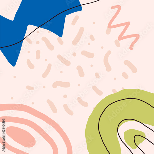 Creative abstract background with copy space for text. Hand drawn colorful shapes and doodle elements. Modern, trendy vector design for social media, post, prints, banners, blog.