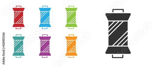 Black Sewing thread on spool icon isolated on white background. Yarn spool. Thread bobbin. Set icons colorful. Vector