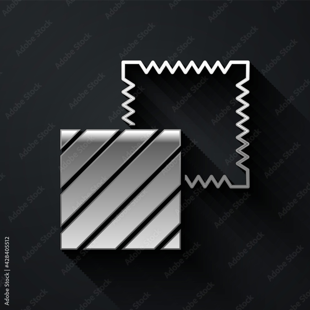 Silver Textile fabric roll icon isolated on black background. Roll, mat, rug, cloth, carpet or paper roll icon. Long shadow style. Vector
