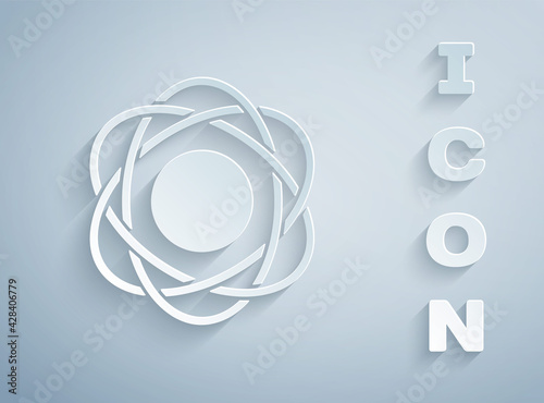 Paper cut Atom icon isolated on grey background. Symbol of science, education, nuclear physics, scientific research. Paper art style. Vector