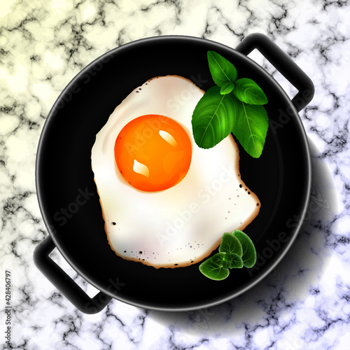Fried eggs with herbs in a frying pan. Abstract vector illustration of fried eggs in a frying pan with green leaves. A blank for creativity.
