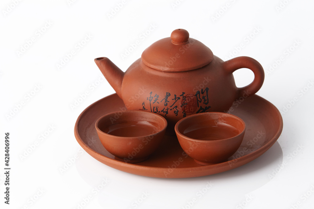 Chinese Tea Cup with Tea Pot on white background