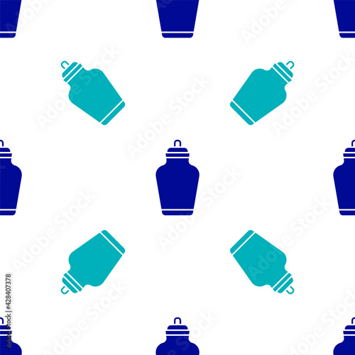 Blue Funeral urn icon isolated seamless pattern on white background. Cremation and burial containers, columbarium vases, jars and pots with ashes. Vector