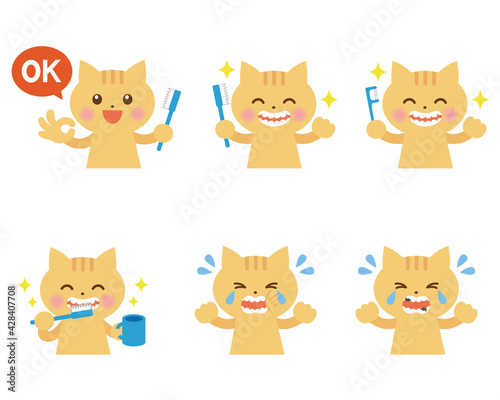 ねこ　歯医者　歯みがきのイラストセット