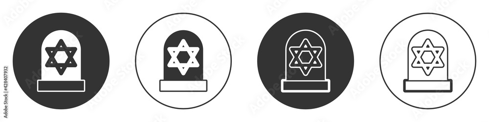 Black Tombstone with star of david icon isolated on white background. Jewish grave stone. Gravestone icon. Circle button. Vector Black Tombstone with star of david icon isolated on white background. Jewish grave stone. Gravestone icon. Circle button. Vector