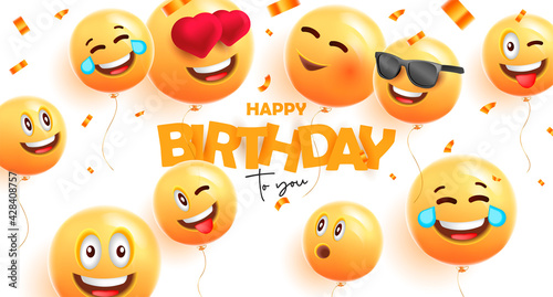 Birthday banner with festive 3d round balloons with happy smiles face expressions and confetti