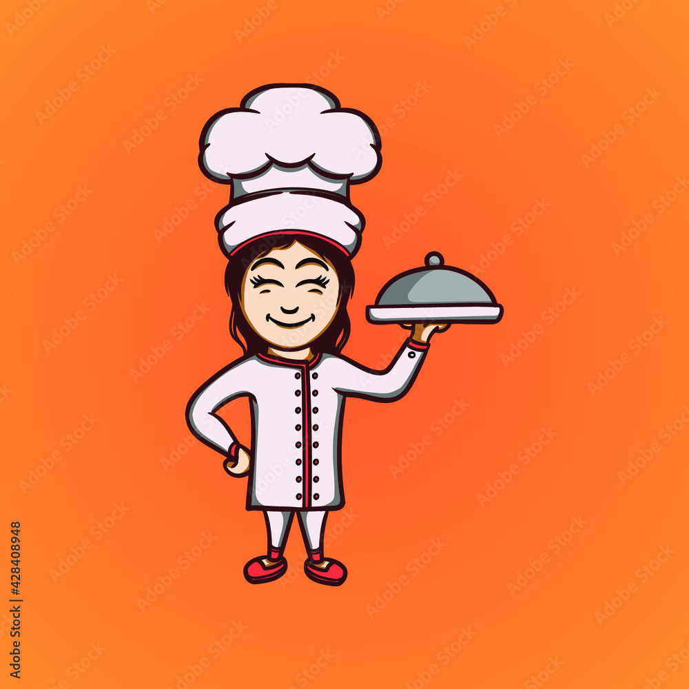 chef woman with a tray, restaurant logo chef woman with a tray, restaurant logo
