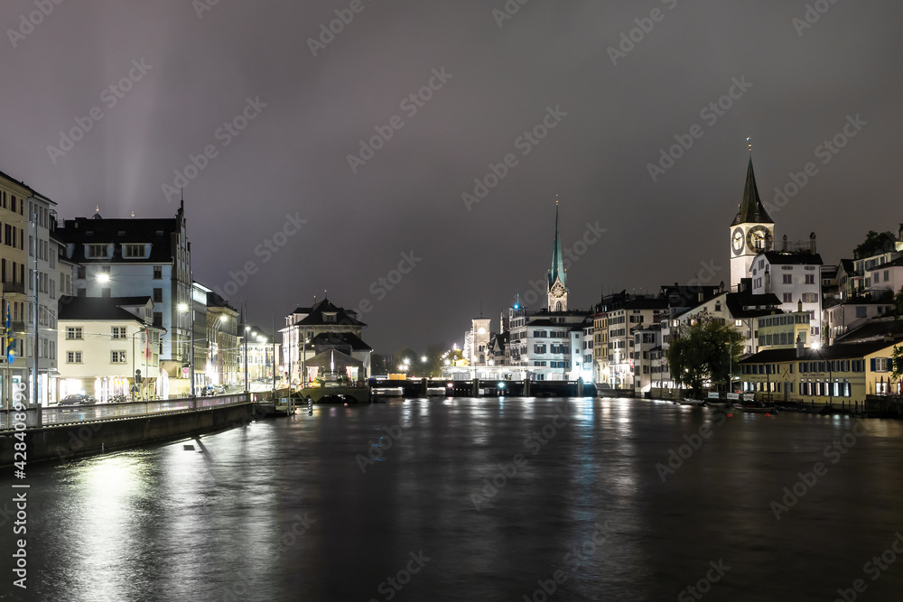 Night view of the Limmat river in Zurich