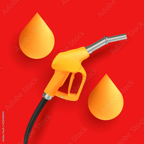 Percent sign made of gas or fuel nozzle and oil drops, 3d illustration element on red backdrop