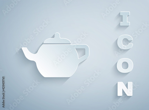 Paper cut Traditional Chinese tea ceremony icon isolated on grey background. Teapot with cup. Paper art style. Vector