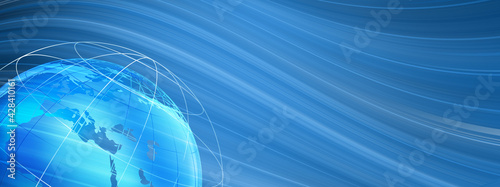3D rendering of blue graphical technology communication background with earth globe and wavy lines