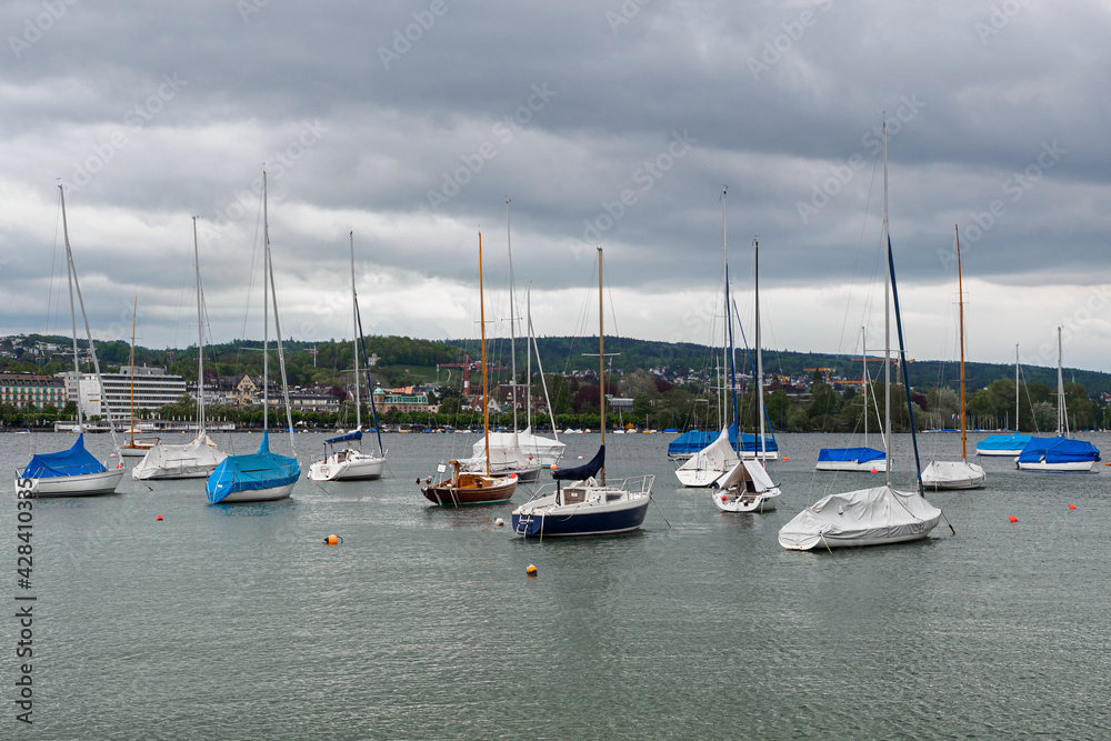 Switzerland, Zurich - November, 2020 - Yachts on Lake Zurich in Cloudy day