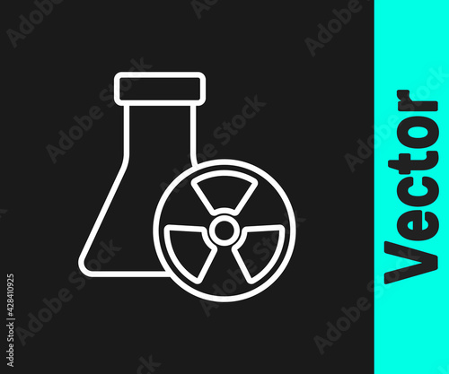 White line Laboratory chemical beaker with toxic liquid icon isolated on black background. Biohazard symbol. Dangerous symbol with radiation icon. Vector