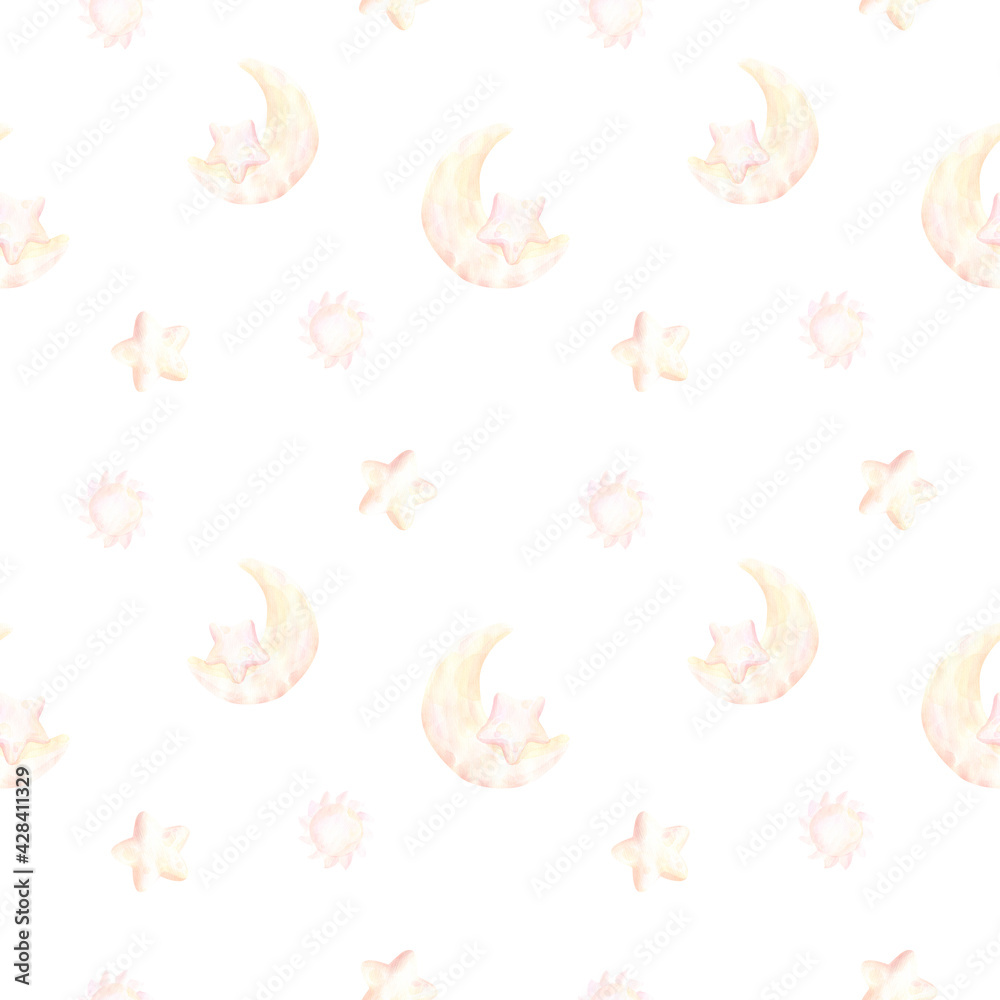 Obraz premium Seamless children's pattern with a month, stars and the sun with rays in beige and pink tones on a powdery background. Great for fabric, scrapbook and scrapbook paper, postcards and decor