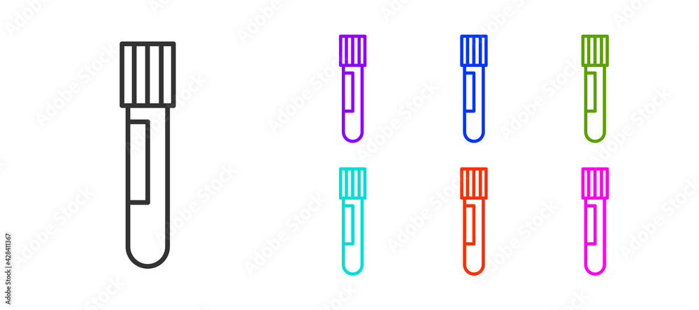 Black line Test tube and flask chemical laboratory test icon isolated on white background. Laboratory glassware sign. Set icons colorful. Vector Black line Test tube and flask chemical laboratory test icon isolated on white background. Laboratory glassware sign. Set icons colorful. Vector