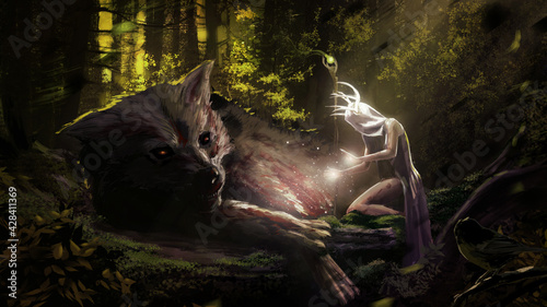 Slika na platnu The forest white druid girl heals the terrible wounded huge mad wolf with her light magic, she is wearing white clothes and a spear, her horns glow against the background of the dense forest