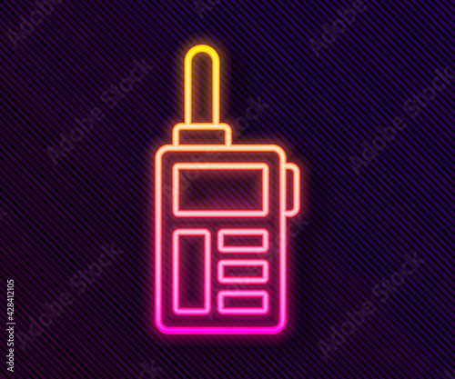 Glowing neon line Walkie talkie icon isolated on black background. Portable radio transmitter icon. Radio transceiver sign. Vector