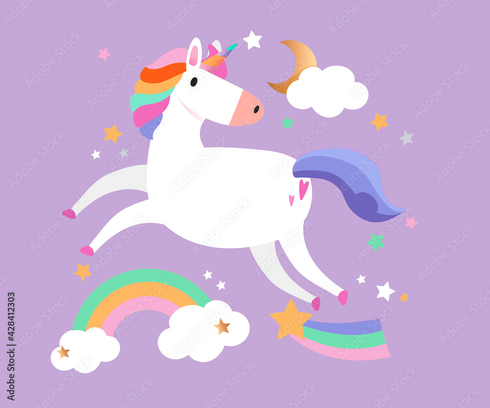 Unicorn with magical elements Clouds Stars Crescent Moon Rainbow Flat Colors Illustration on Purple background