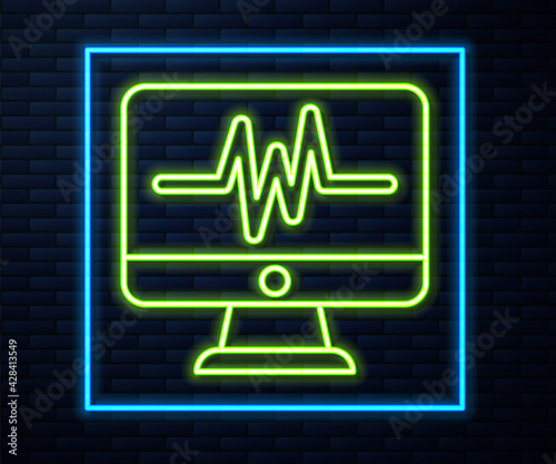 Glowing neon line Computer monitor with cardiogram icon isolated on brick wall background. Monitoring icon. ECG monitor with heart beat hand drawn. Vector