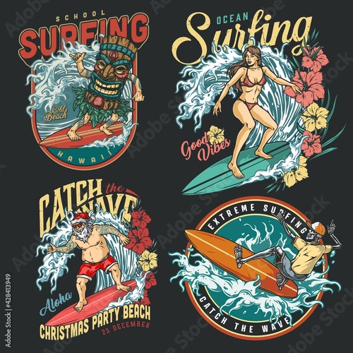 Extreme surfing vintage colorful labels