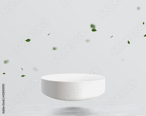 Half sphere mockup floating on water with leaf falling background. Futuristic technology digital hi tech concept