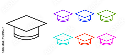 Black line Graduation cap icon isolated on white background. Graduation hat with tassel icon. Set icons colorful. Vector