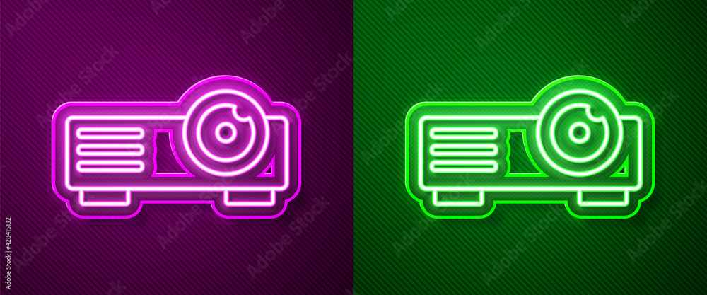 Glowing neon line Presentation, movie, film, media projector icon isolated on purple and green background. Vector Glowing neon line Presentation, movie, film, media projector icon isolated on purple and green background. Vector