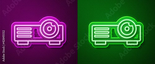 Glowing neon line Presentation, movie, film, media projector icon isolated on purple and green background. Vector