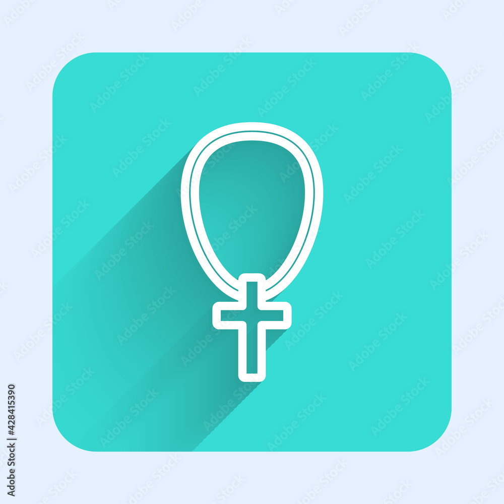 White line Christian cross on chain icon isolated with long shadow. Church cross. Green square button. Vector White line Christian cross on chain icon isolated with long shadow. Church cross. Green square button. Vector