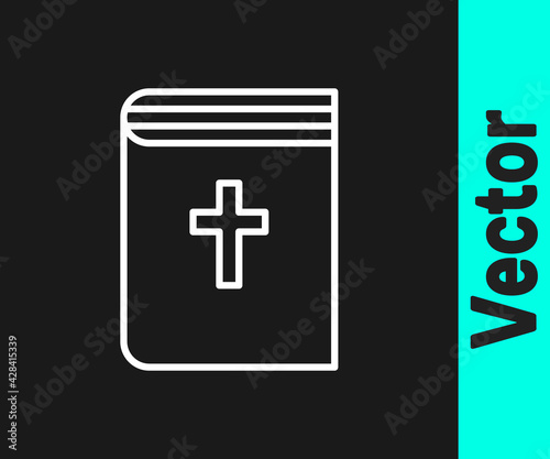 White line Holy bible book icon isolated on black background. Vector