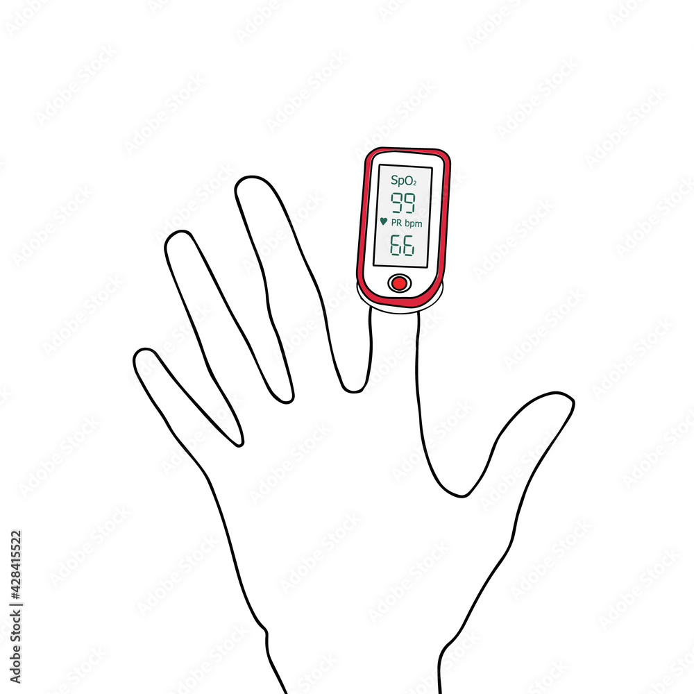 Doodle vector icon of pulse oximeter on finger for COVID-19 coronavirus  patients. Medical equipment for measure blood oxygen saturation, put on   icon for typography and digital use. Stock Vector | Adobe