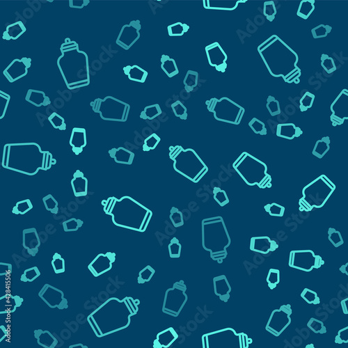 Green line Funeral urn icon isolated seamless pattern on blue background. Cremation and burial containers, columbarium vases, jars and pots with ashes. Vector