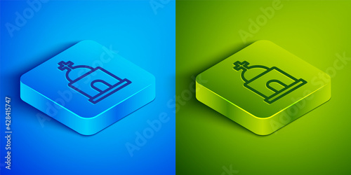 Isometric line Old crypt icon isolated on blue and green background. Cemetery symbol. Ossuary or crypt for burial of deceased. Square button. Vector
