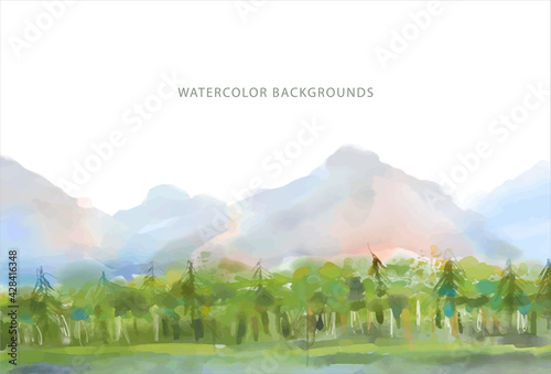 watercolor background, wide green forest