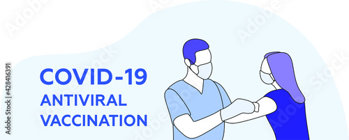 Covid vaccination concept. The doctor vaccinates the patient against coronavirus. Suitable for articles, web, posters, banners. Vector flat illustration.
