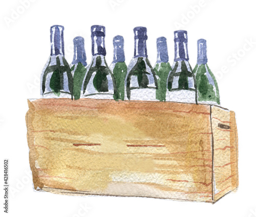 Twelve green wine bottles in wine box