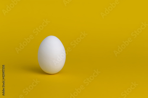 A white egg on a yellow background. The concept of minimalism. Side view. A card with a copy of the place for the text.