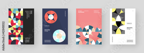 Abstract set Placards, Posters, Flyers, Banner Designs. Colorful geometric illustration on vertical A4 format. Flat shapes ornament. Decorative backdrop. Eps10