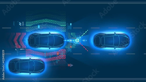 Car interface in HUD, GUI, UI style. Automotive sensing system concept. Autonomous car. Driver assistant system. Car top view with electronic digital interface, parameters and options, scans the road