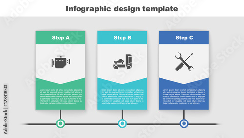Set Check engine, Car transporter truck and Screwdriver and wrench spanner. Business infographic template. Vector