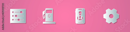 Set paper cut Car settings, Petrol or Gas station, Online car services and Gear icon. Paper art style. Vector