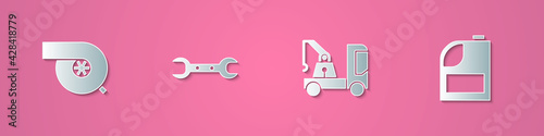 Set paper cut Automotive turbocharger, Wrench spanner, Tow truck and Canister for motor machine oil icon. Paper art style. Vector