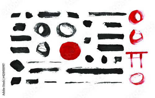 Vector set of black and red brush strokes isolated on white background, japanese traditional ink painting concept.
