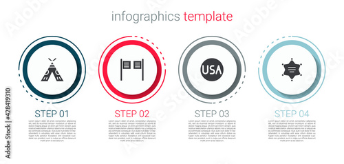 Set Indian teepee or wigwam, Saloon door, USA label and Hexagram sheriff. Business infographic template. Vector