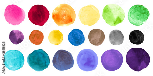 Watercolor Circles. Set of Hand Paint Art Blots. Drawn Stains Background. Brush Colorful Watercolor Circles. Ink Graphic Shape. Creative Dots on Paper. Bright Colorful Watercolor Circles.